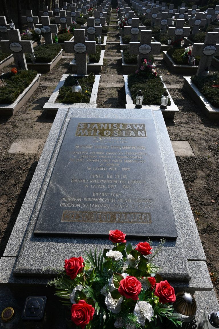 Nagrobek Stanisława Miłostana w Kwaterze Powstańców Wielkopolskich ozdobiony czerwono-białymi kwiatami i napisem upamiętniającym.