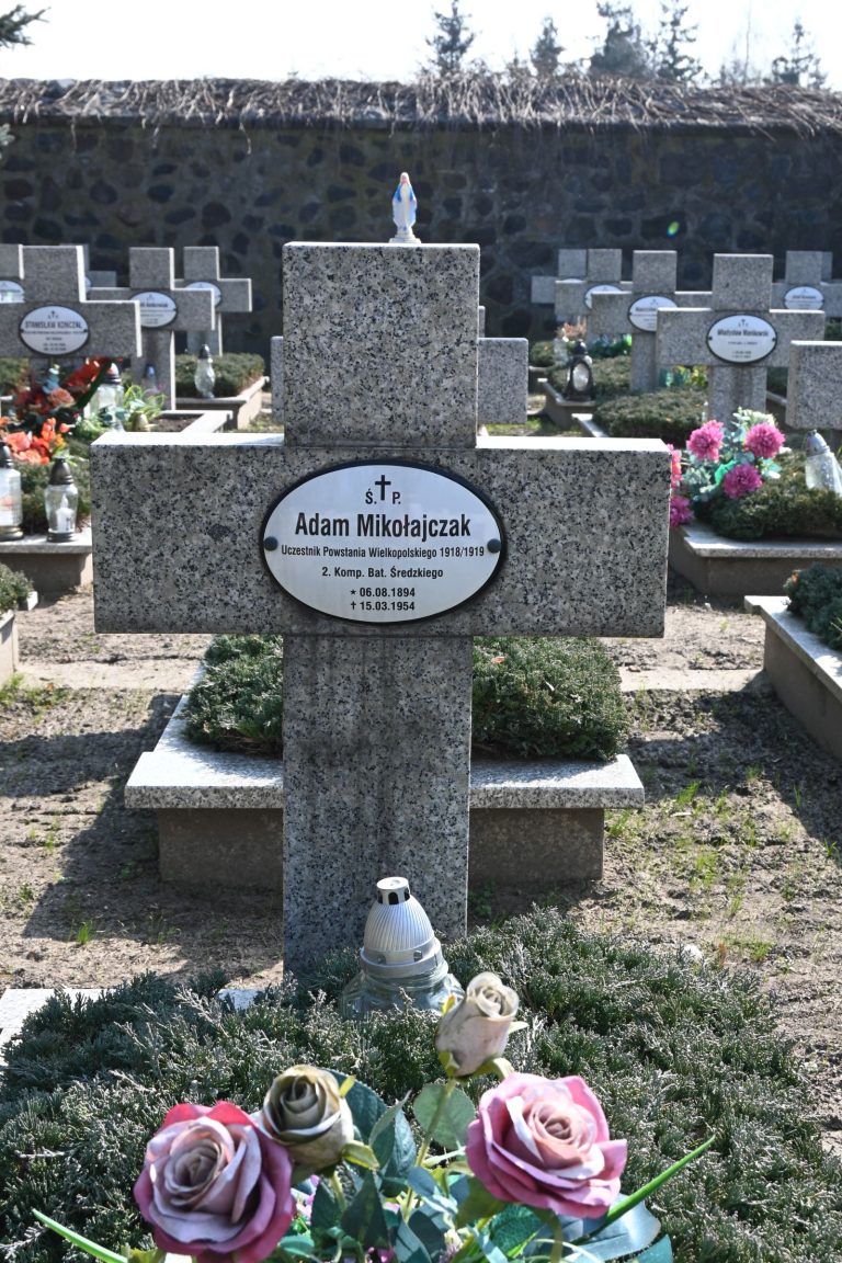 Kamienny krzyż nagrobny z tabliczką „Adam Mikołajczak”; u stóp ceramiczny biały znicz i bukiet różowych róż; w tle rzędy podobnych krzyży.