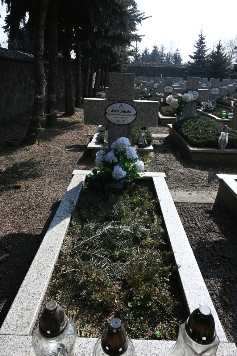 Długi grób porośnięty iglakami z kamiennym krzyżem i tabliczką „Antoni Chałupka”; u stóp dwa szklane znicze, z przodu kępa białych kwiatów, w tle mur i drzewa.