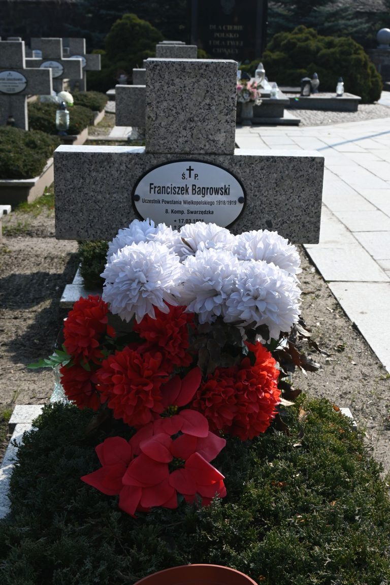 Kamienny krzyż nagrobny z owalną tabliczką „Franciszek Bagrowski”; u stóp okazały bukiet biało-czerwonych kwiatów na jałowcu, w tle alejka i rędy krzyży.