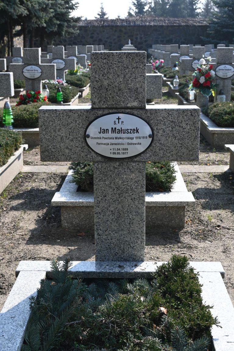 Kamienny krzyż nagrobny z owalną tabliczką „Jan Małuszek”; u podstawy gęsty jałowiec, w tle rędy nagrobków i kolorowe szklane lampiony.