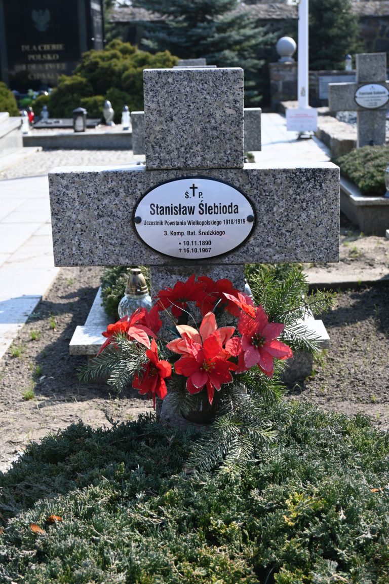 Nagrobek w formie kamiennego krzyża z owalną tabliczką "Stanisław Ślębioda", przodem ozdobiony bukietem czerwonych gwiazd betlejemskich i zielonych gałązek, w tle inne groby i krzewy.