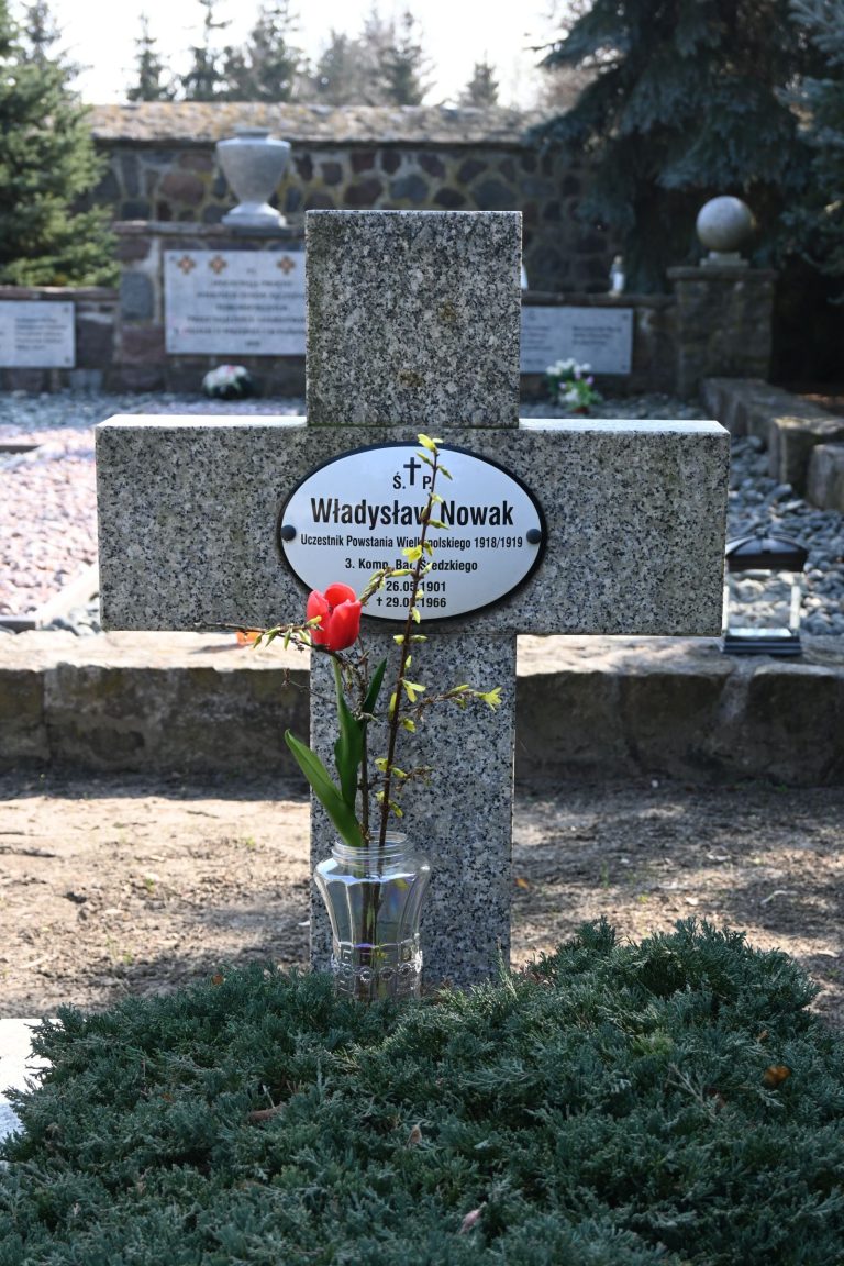 Nagrobek z kamiennym krzyżem z tabliczką "Władysław Nowak"; w szklanym wazonie stoi pojedynczy czerwony tulipan z zielonymi gałązkami, wokół krzewy, w tle mur i inne groby.